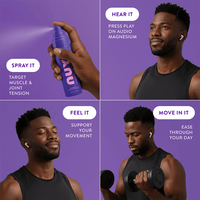 NUYU magnesium muscle recovery spray UK four-step usage guide on purple background
