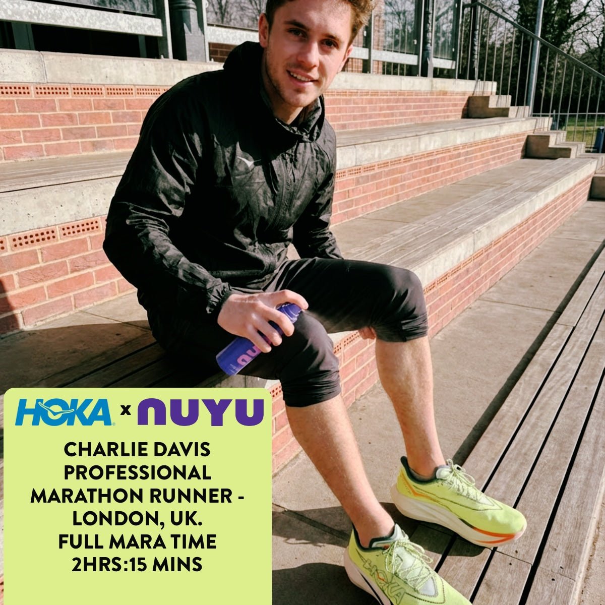 NUYU magnesium muscle recovery spray UK held by professional runner on urban steps