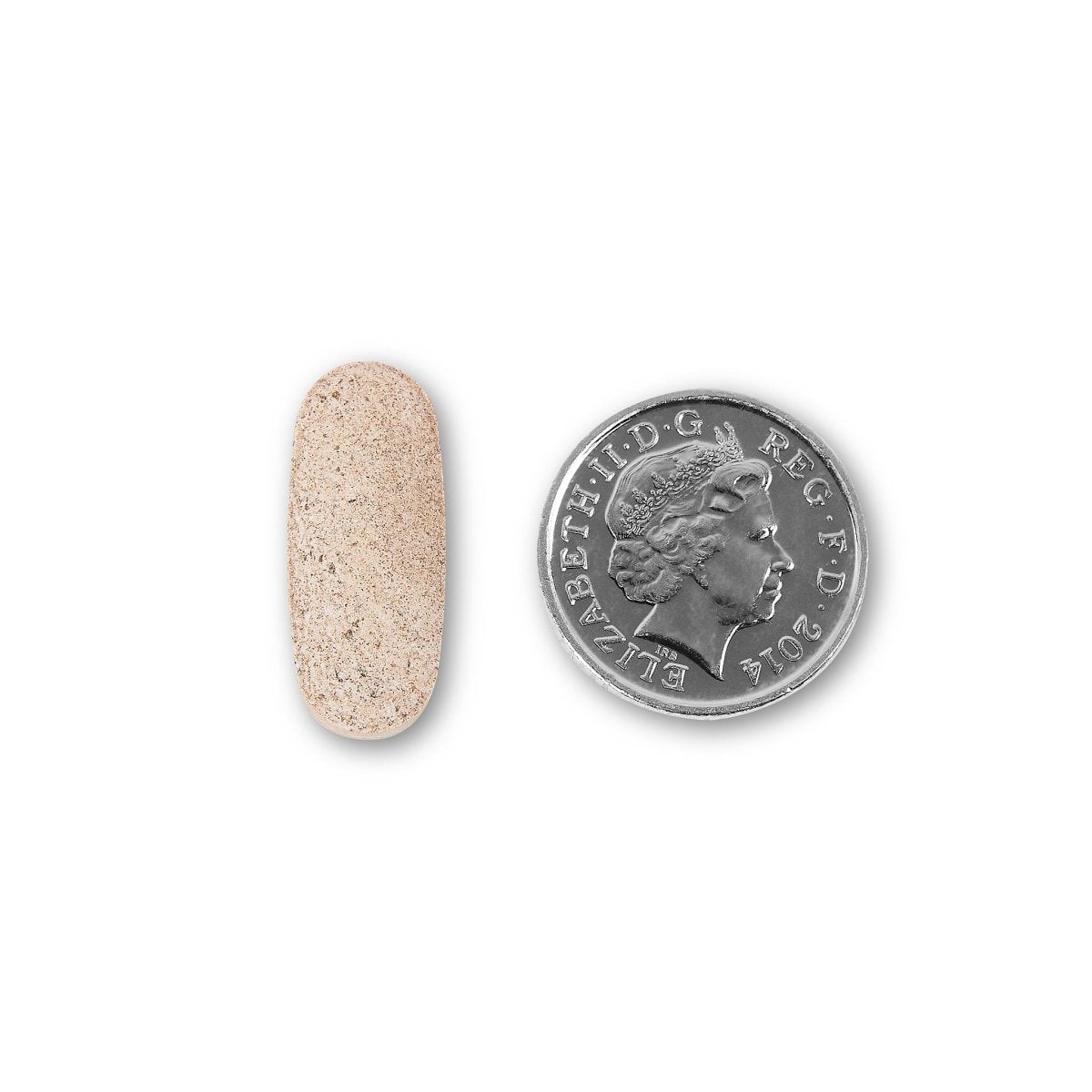 NUYU focus supplement UK capsule size comparison with British coin on white background