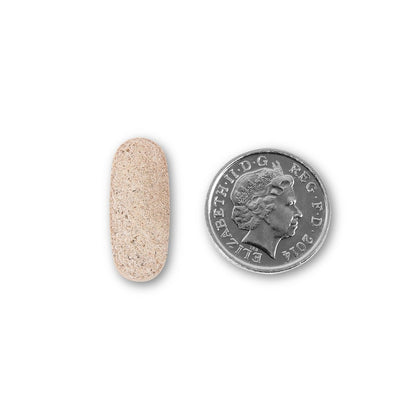 NUYU focus supplement UK capsule size comparison with British coin on white background