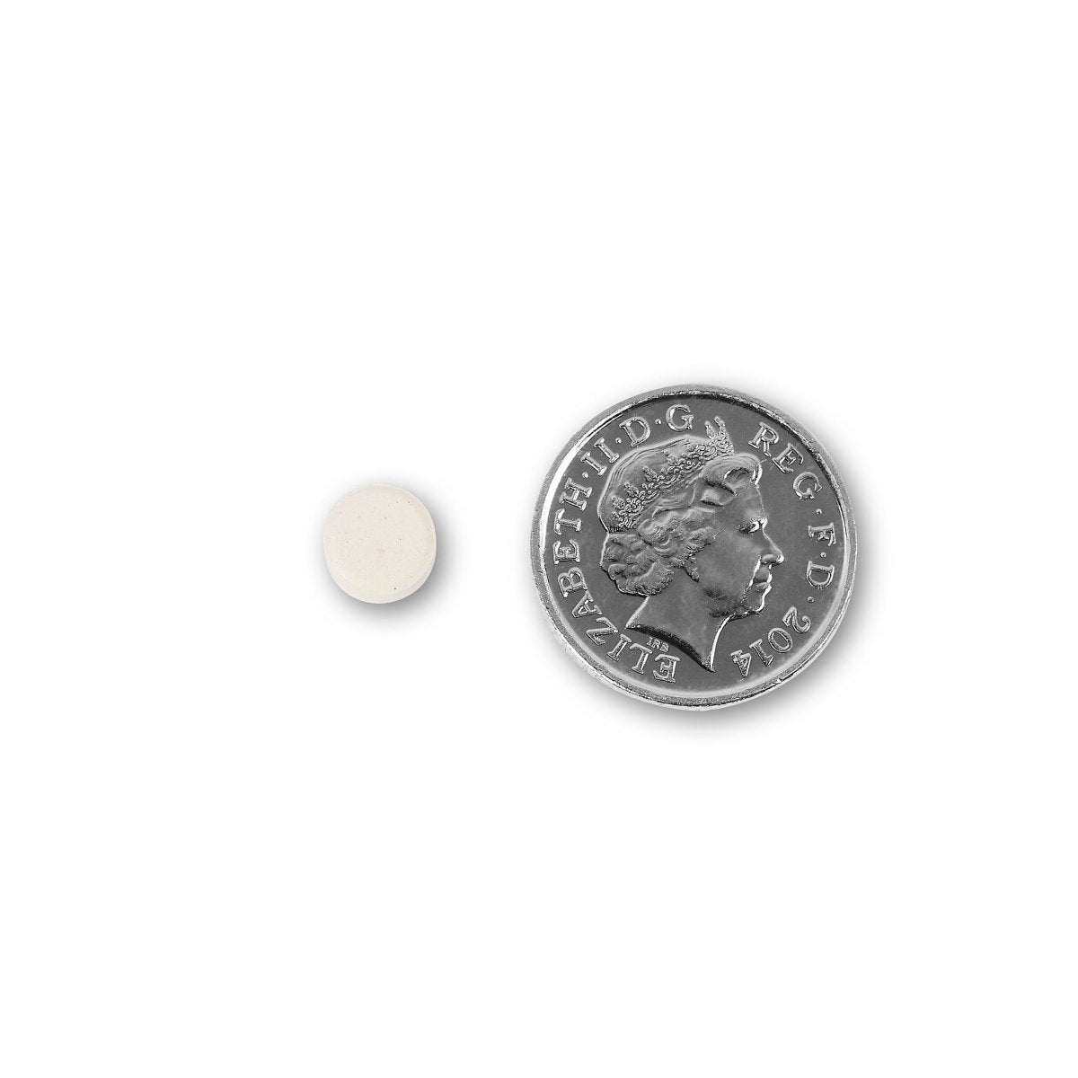NUYU wellness supplement UK tablet next to British coin showing compact size