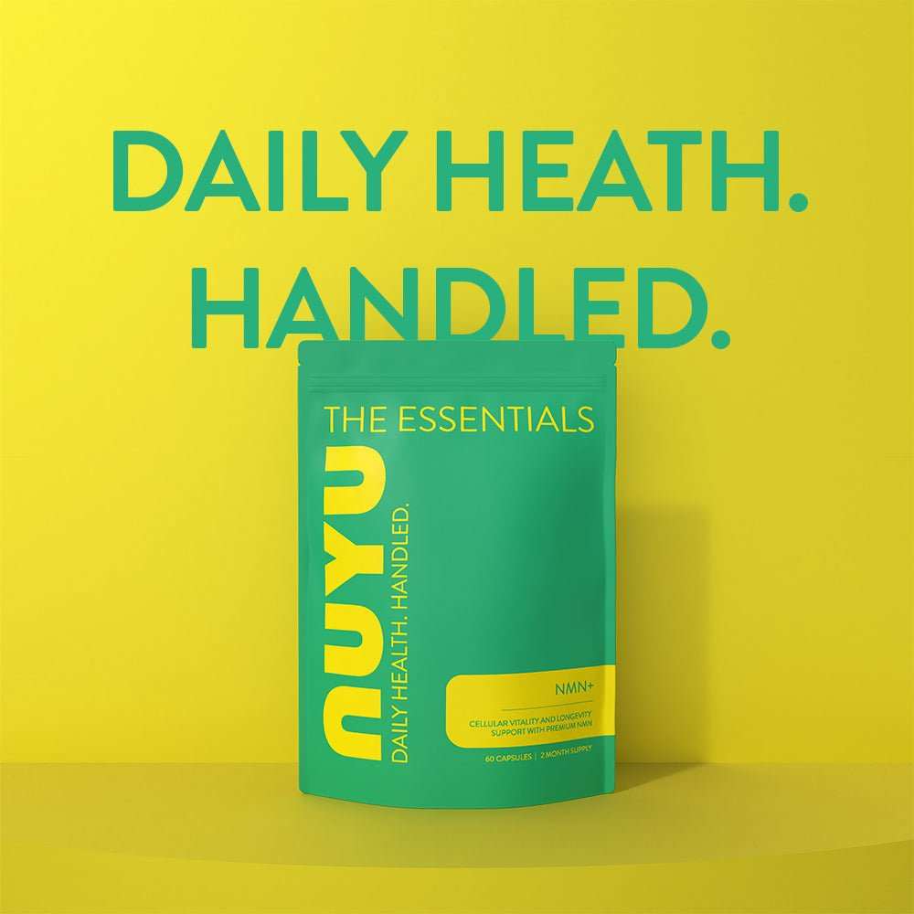 NUYU NMN supplement UK green pouch on bright yellow background with daily health handled text