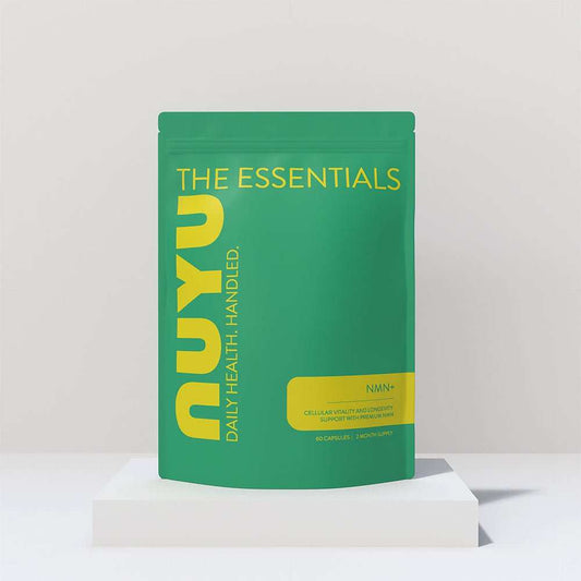 NuYu Essentials NMN+ nicotinamide mononucleotide supplement for cellular energy and healthy aging in green resealable pouch