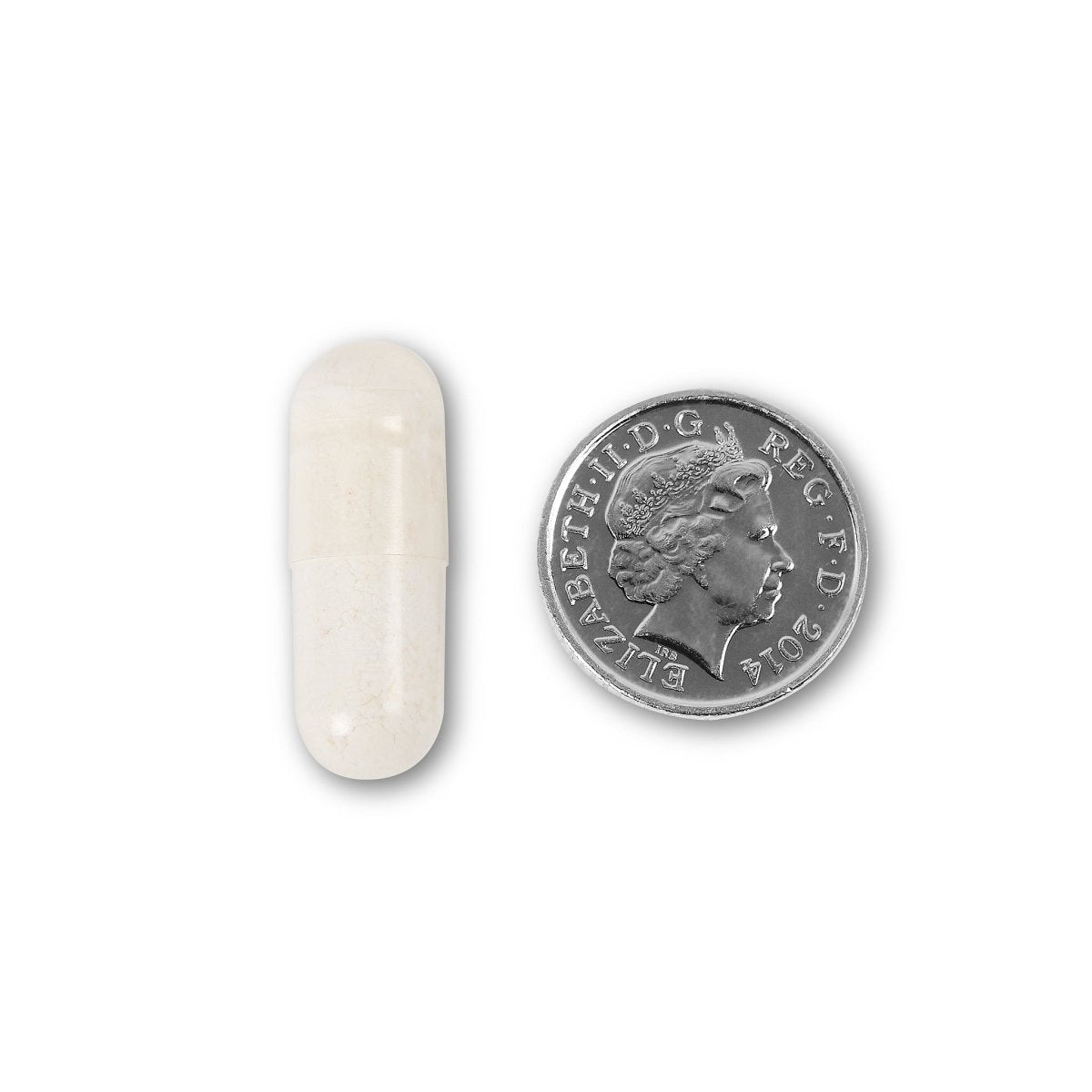 NUYU NMN supplement UK capsule size comparison with British coin showing compact tablet
