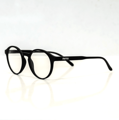 NUYU Afterlight blue light blocking glasses UK in black round frames on white surface