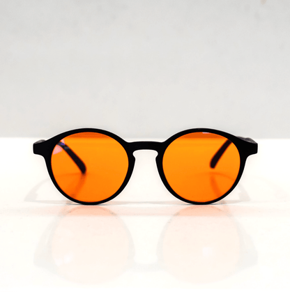 NUYU Afterlight blue light blocking glasses UK with orange lenses and black frames