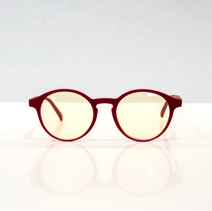 NUYU Afterlight blue light blocking glasses UK in burgundy red frame with yellow tinted lenses