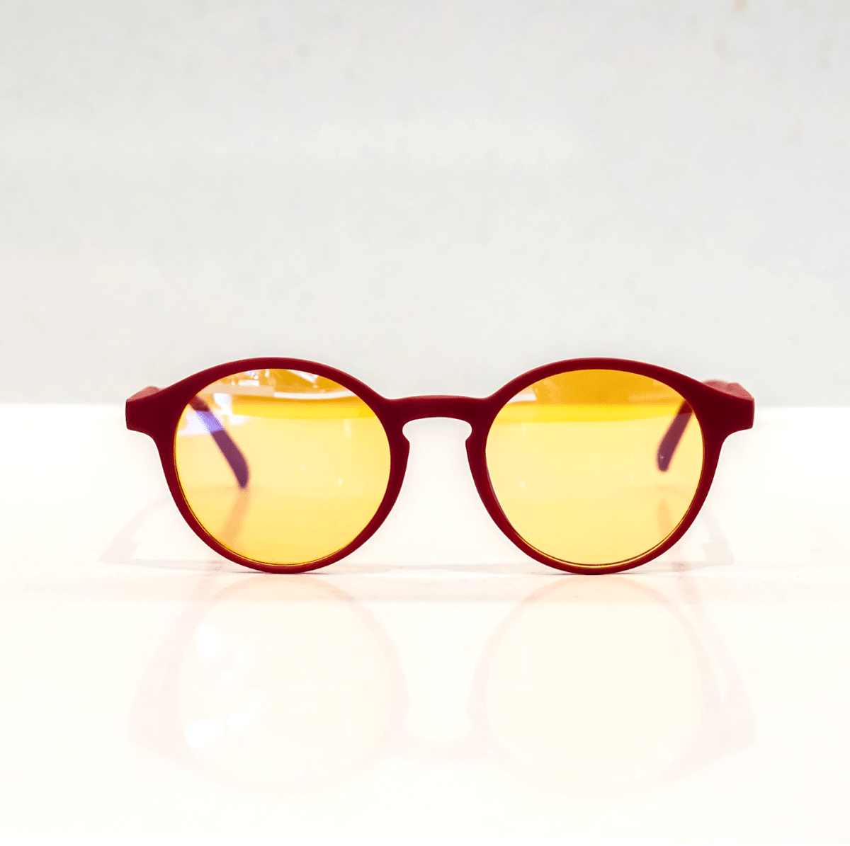NUYU Afterlight blue light blocking glasses UK with yellow lenses and burgundy frames