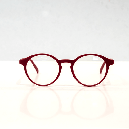 NUYU Afterlight blue light blocking glasses UK in burgundy red round frame on white background