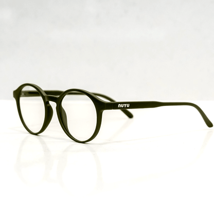 NUYU Afterlight blue light blocking glasses UK in olive green frames on white background