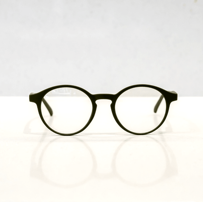 NUYU Afterlight blue light blocking glasses UK round black frames front view on white