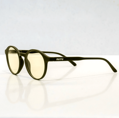 NUYU Afterlight blue light blocking glasses UK in olive green frame with yellow lenses