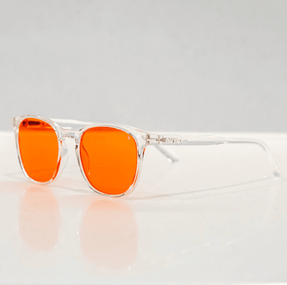 NUYU Afterlight blue light blocking glasses UK with clear frames and orange lenses