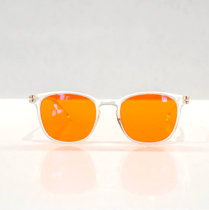 NUYU Afterlight blue light blocking glasses UK with clear frames and orange lenses
