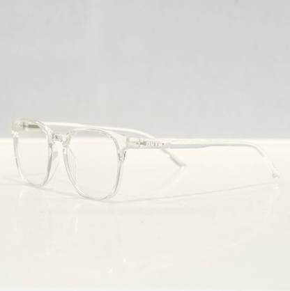 NUYU Afterlight blue light blocking glasses UK in clear transparent frame on white background