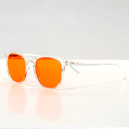 NUYU Afterlight blue light blocking glasses UK with clear frames and orange lenses