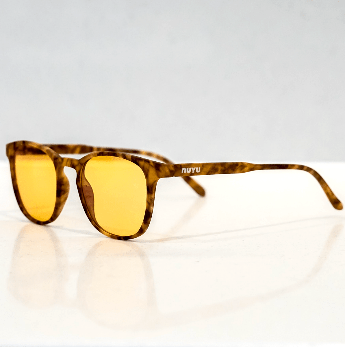NUYU Afterlight blue light blocking glasses UK with tortoiseshell frames and yellow lenses