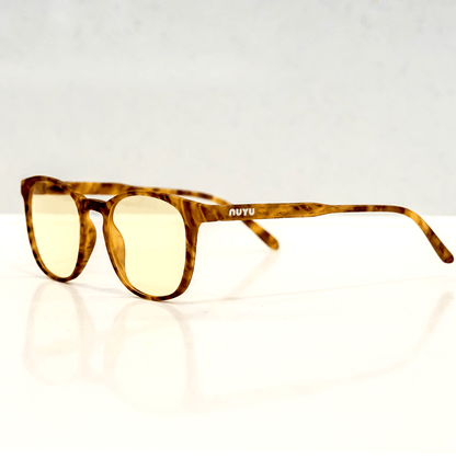 NUYU Afterlight blue light blocking glasses UK in tortoiseshell frame with yellow lenses