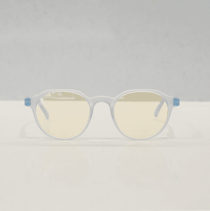 NUYU Afterlight blue light blocking glasses UK with clear frames and yellow-tinted lenses
