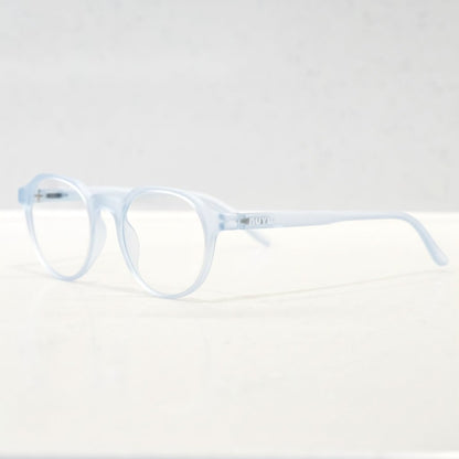 NUYU Afterlight blue light blocking glasses UK in translucent light blue frame