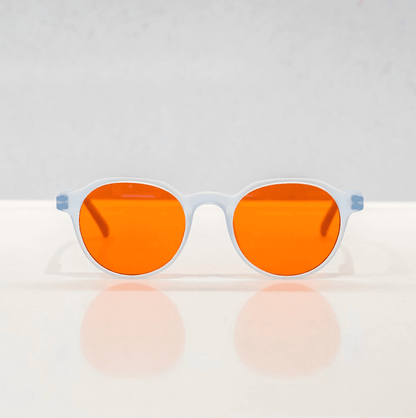NUYU Afterlight blue light blocking glasses UK with orange lenses and clear frame