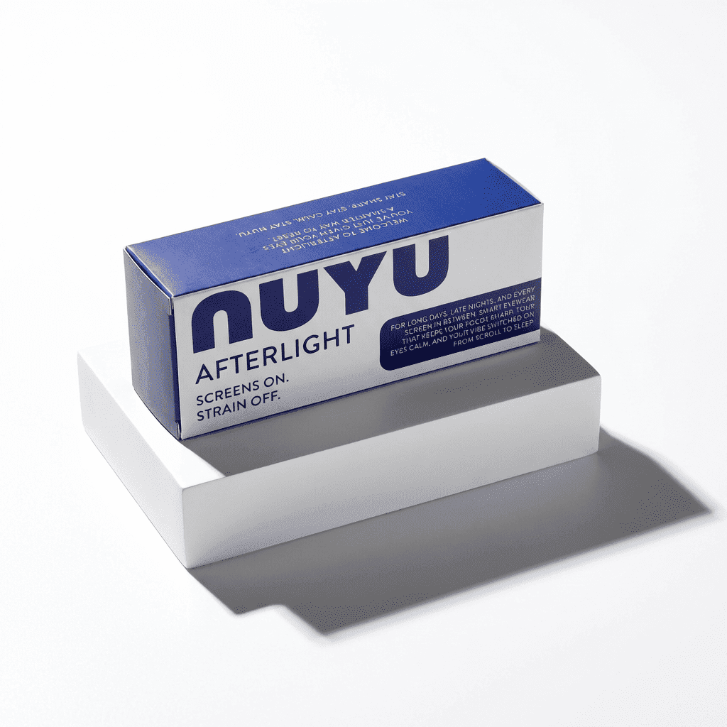 NUYU Afterlight blue light blocking glasses UK packaging box on white display stand