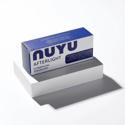 NUYU Afterlight blue light blocking glasses UK packaging box on white display stand