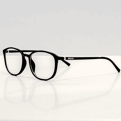 NUYU Afterlight blue light blocking glasses UK shown in sleek black frame on white surface