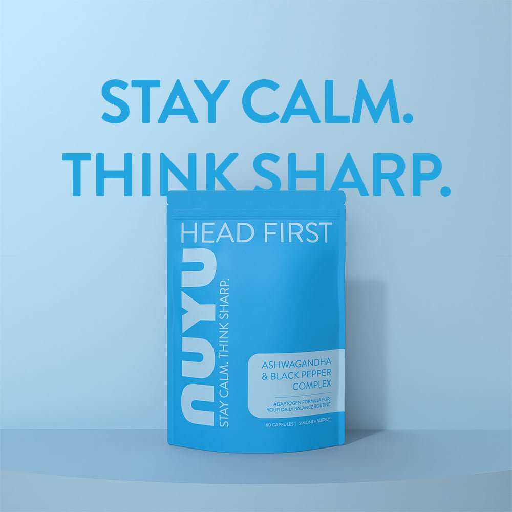 NUYU ashwagandha supplement UK in blue packaging against soft blue gradient background
