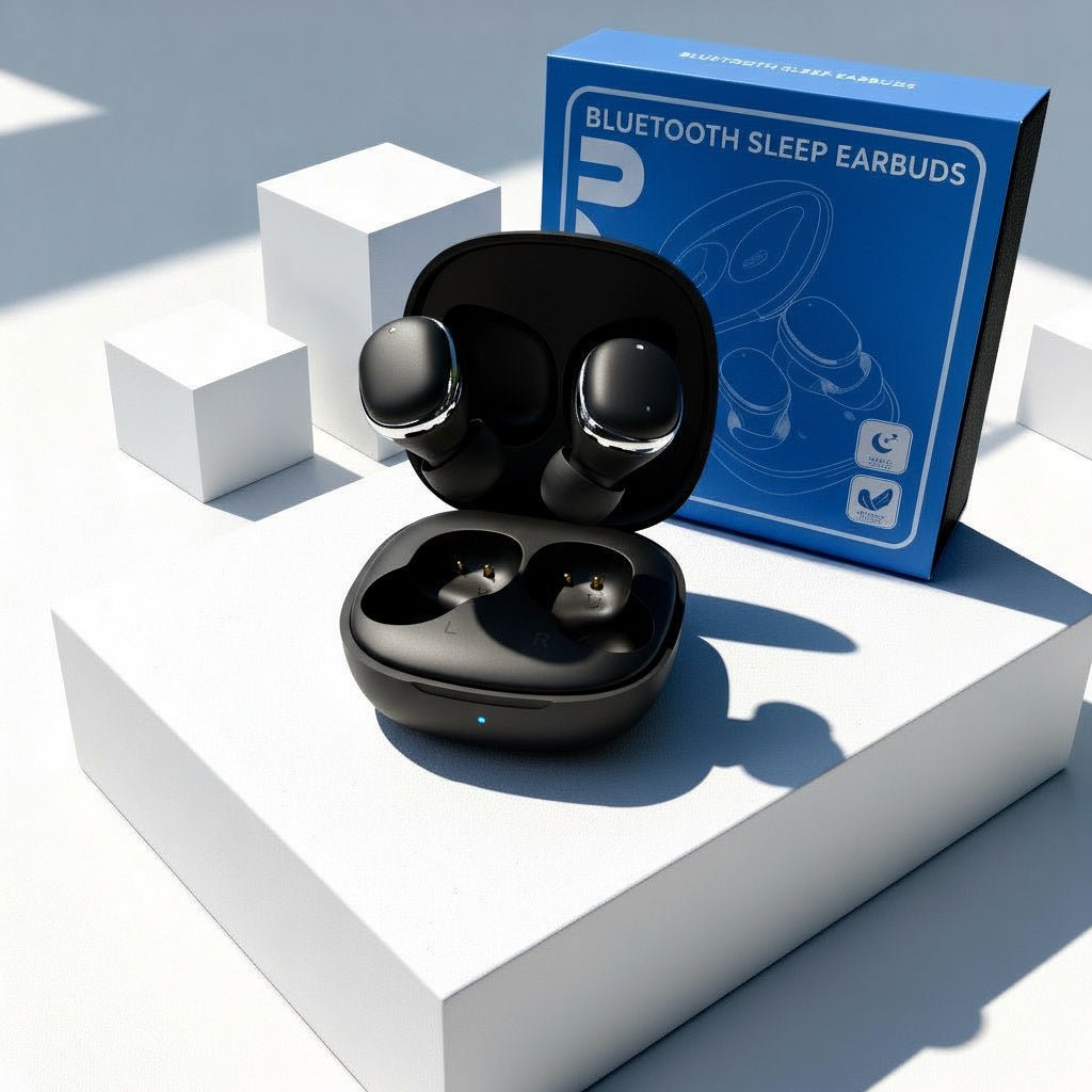 NUYU Bluetooth Dream Bud headphones in black charging case with blue packaging box on white display platforms