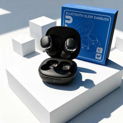 NUYU Bluetooth Dream Bud headphones in black charging case with blue packaging box on white display platforms