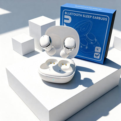 NUYU Bluetooth Dream Bud headphones in white charging case with blue packaging, wellness supplement UK brand