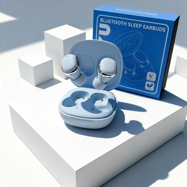 NUYU bluetooth sleep earbuds in light blue charging case with wellness supplement UK packaging
