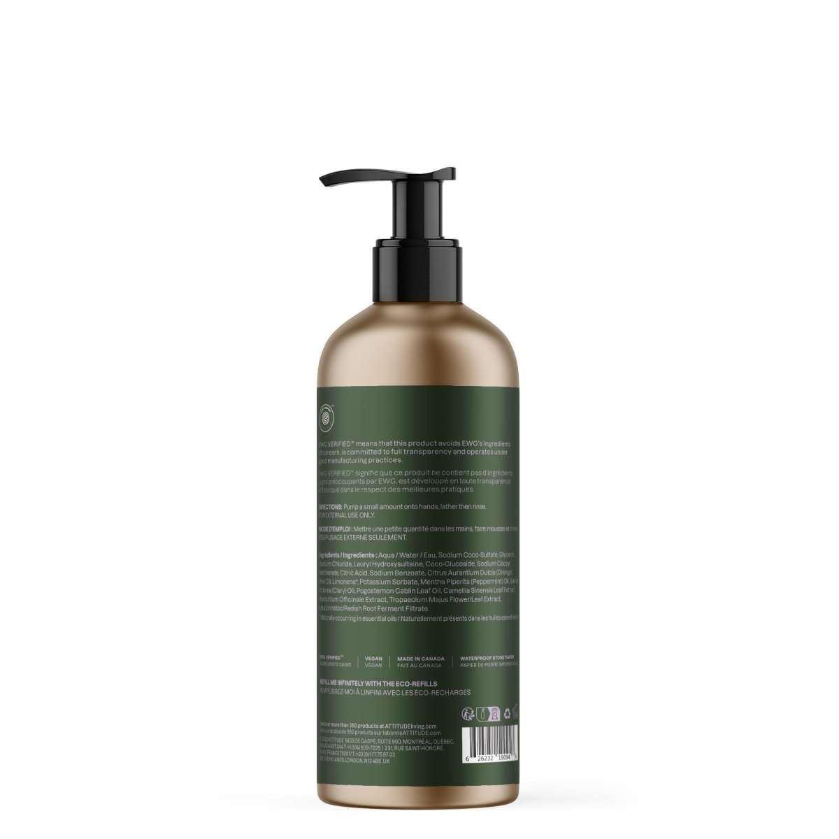 NUYU wellness supplement UK - ATTITUDE hand soap bottle back view showing green label ingredients