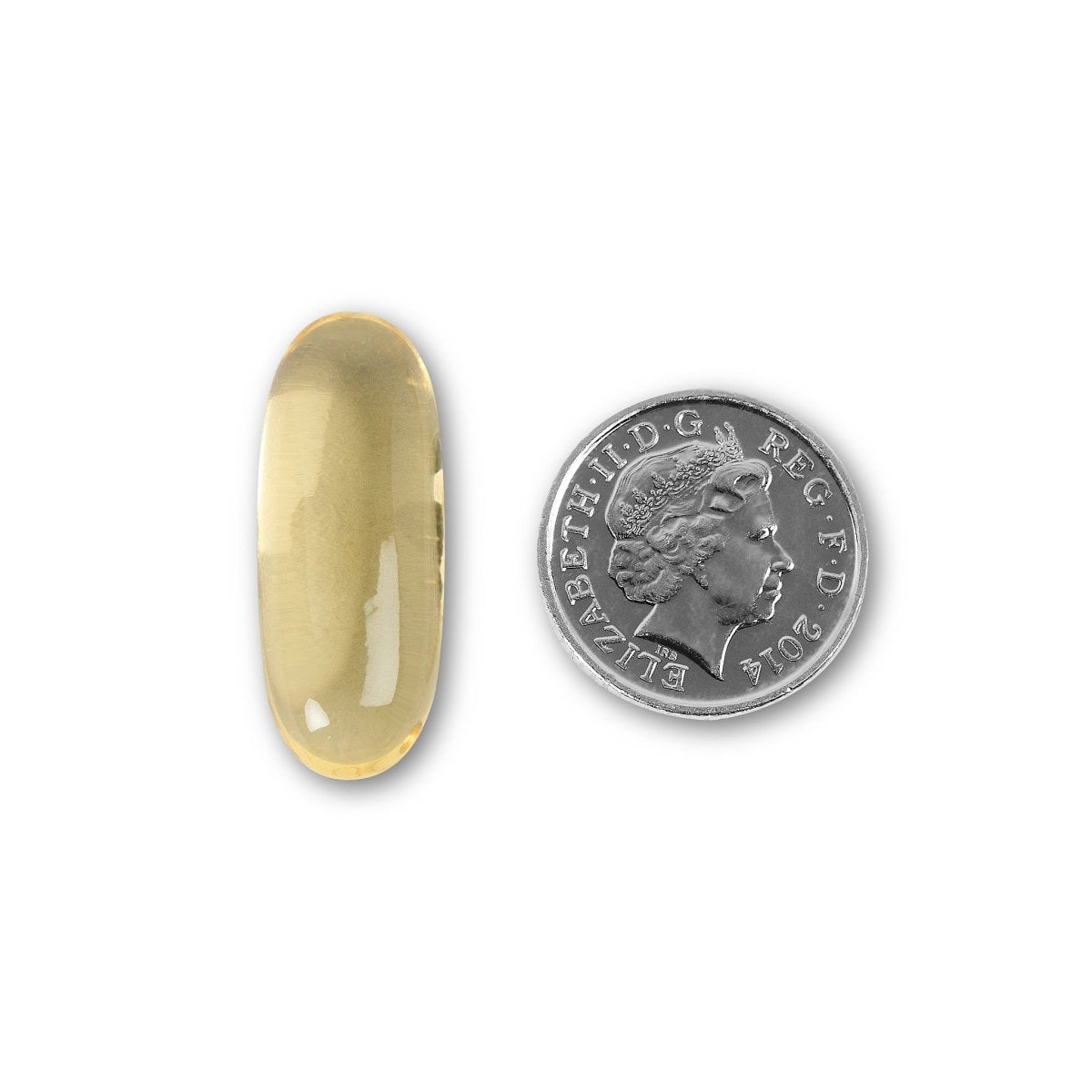 NUYU omega 3 supplement UK softgel capsule size comparison with British coin