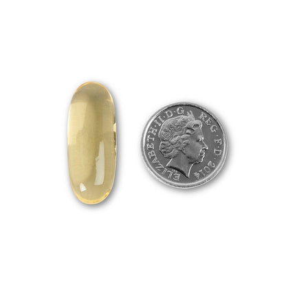NUYU omega 3 supplement UK softgel capsule size comparison with British coin