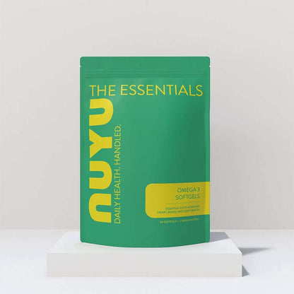 NUYU omega 3 supplement UK green pouch packaging on white platform display