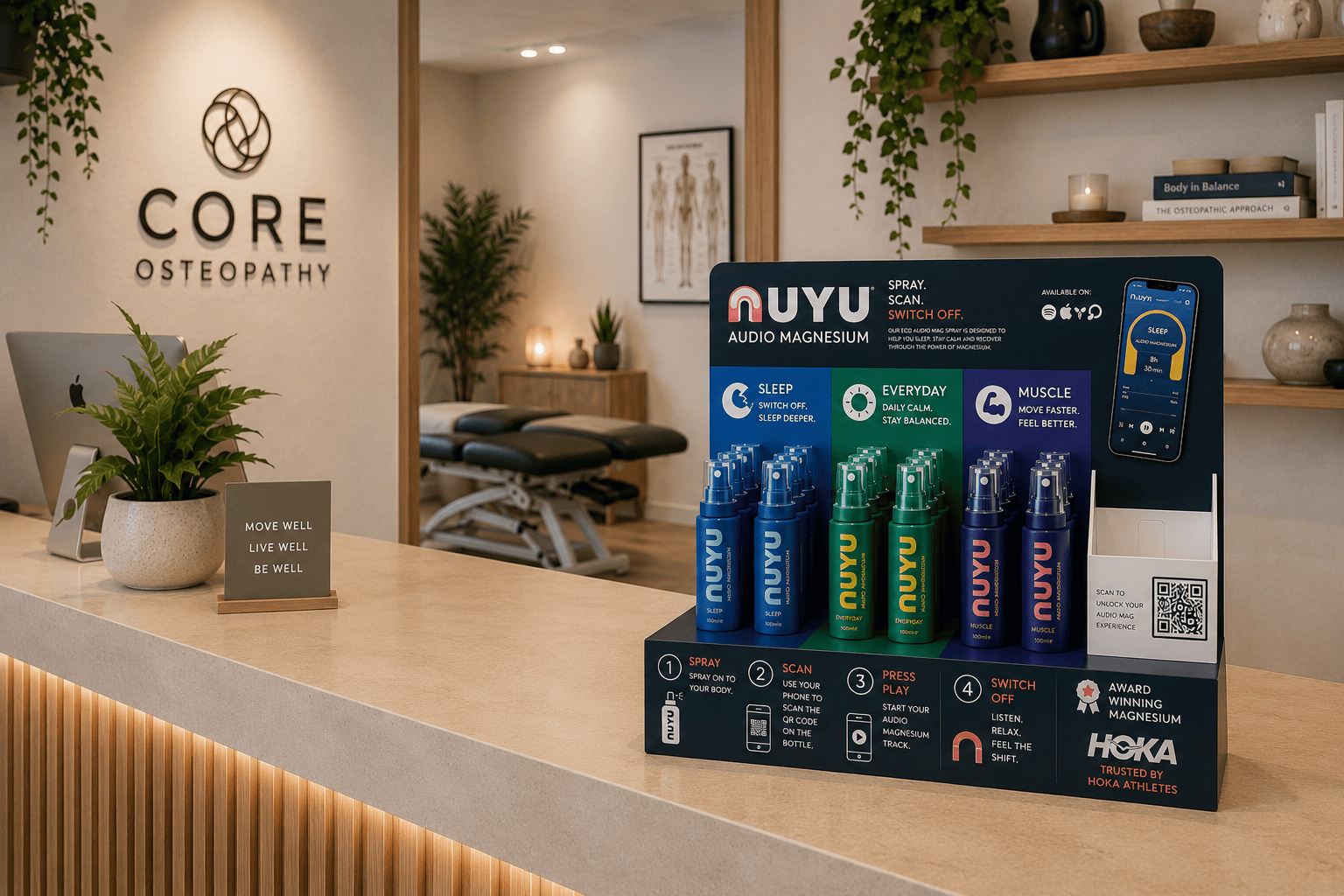 NUYU magnesium sprays on stone pedestals