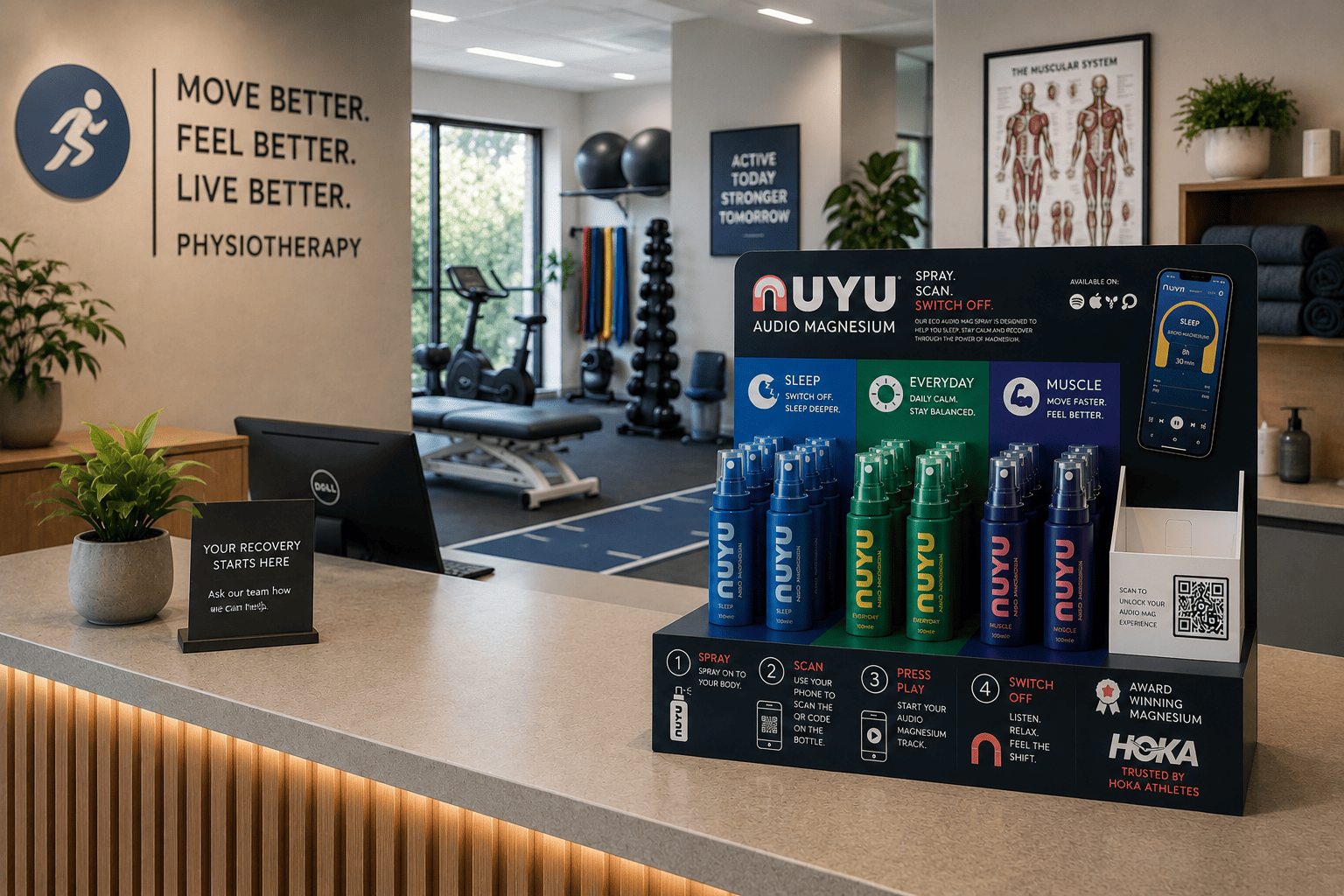 NUYU magnesium sprays on stone pedestals