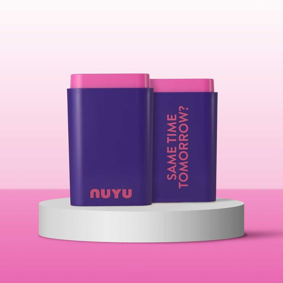 NUYU purple pocket packs with pink tops on white platform, UK wellness supplement branding