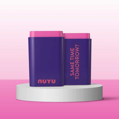 NUYU purple pocket packs with pink tops on white platform, UK wellness supplement branding