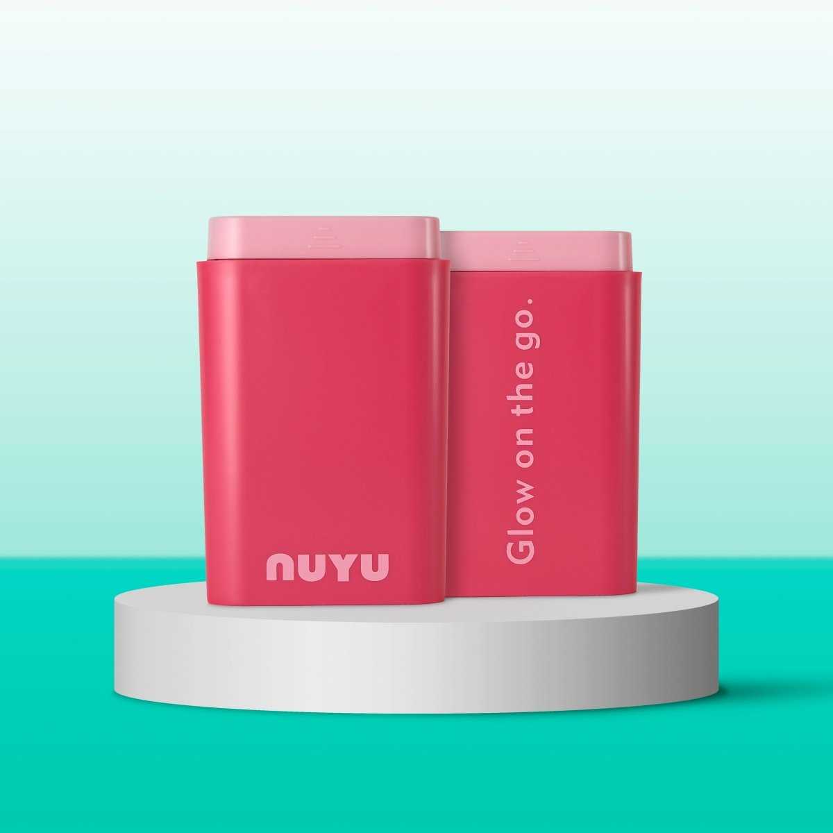 NUYU pink Pocket Pack duo on white platform, sleek wellness supplement UK design