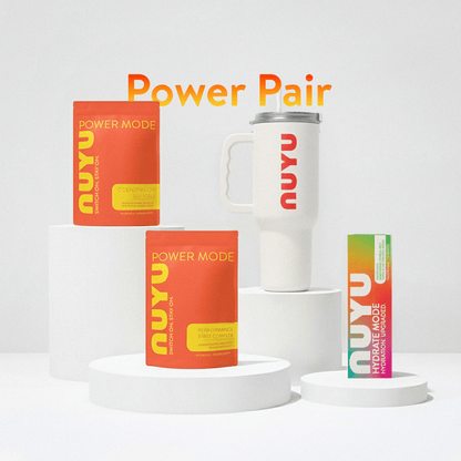 NUYU Power Pair wellness supplement UK bundle with orange packaging and clear bottle display
