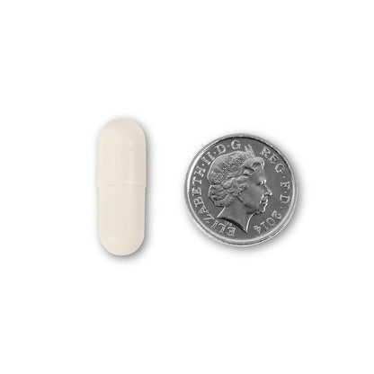 NUYU probiotic capsule size comparison with UK coin showing wellness supplement scale