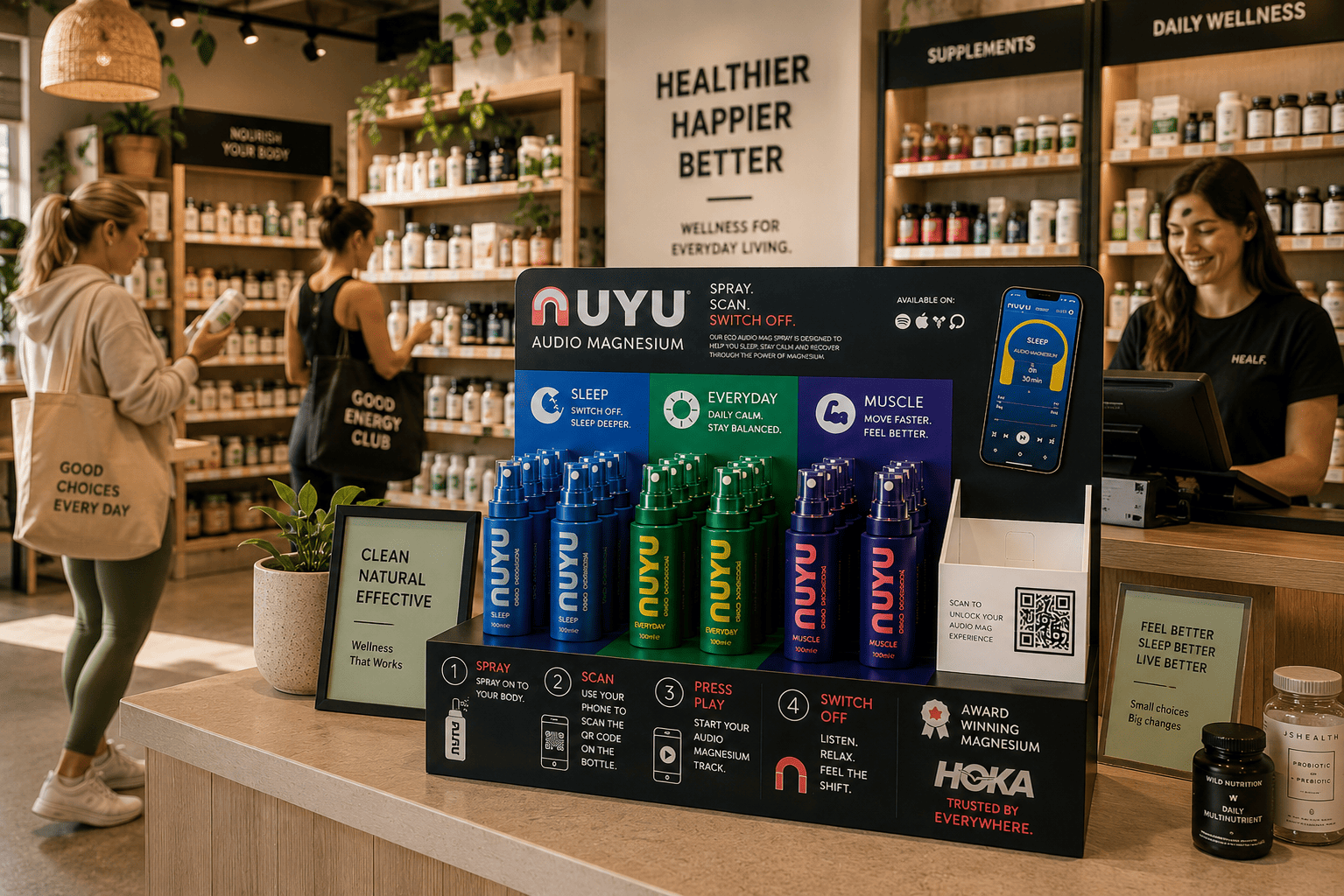 NUYU magnesium sprays on stone pedestals