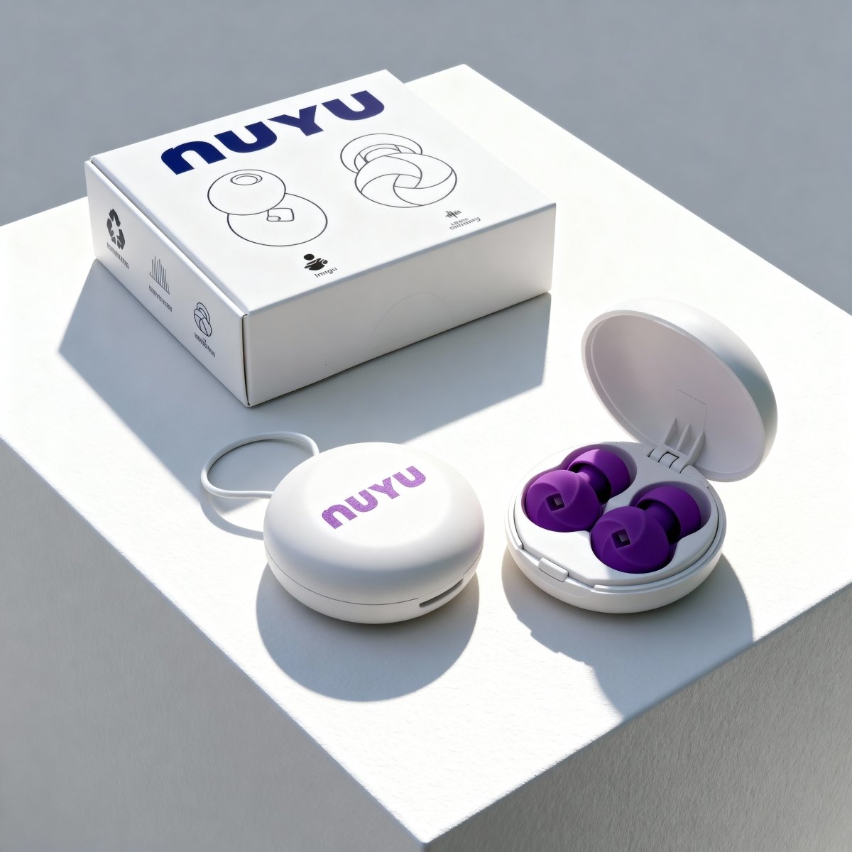 NUYU noise cancelling earbuds in white case showing purple buds with product packaging