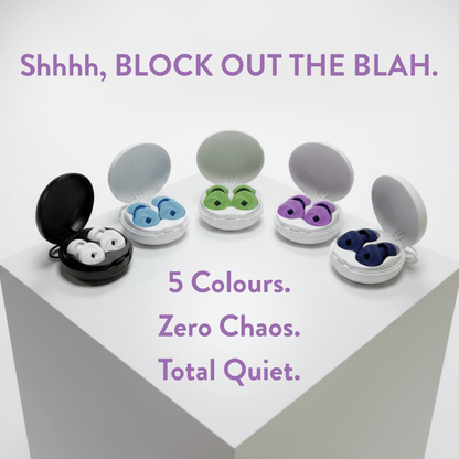 NUYU noise cancelling earbuds UK in 5 colours - black, blue, green, purple, white cases displayed