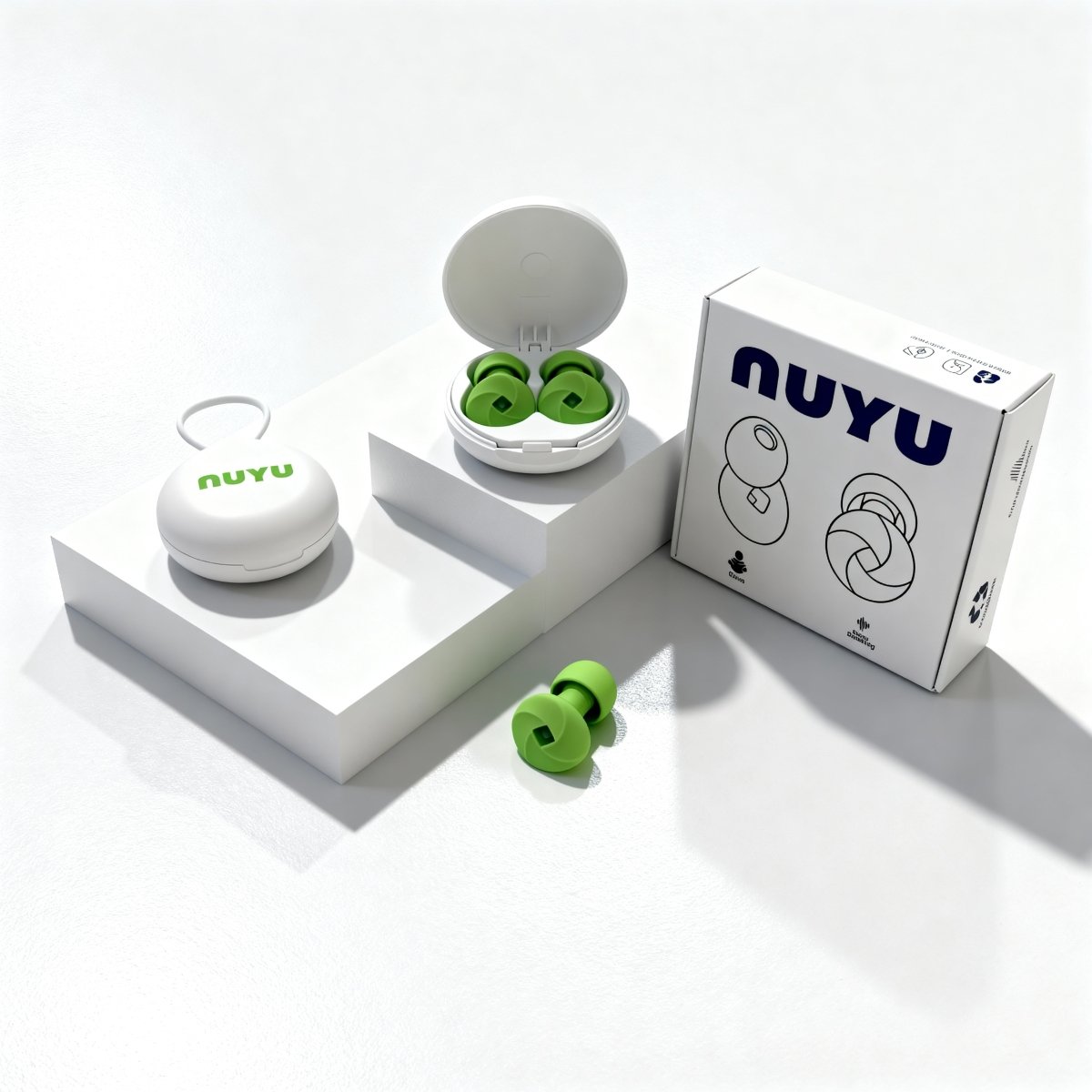 NUYU noise cancelling earbuds UK with white charging case and green buds on white display blocks
