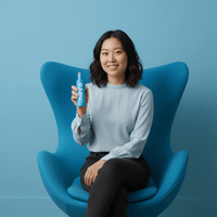Woman sitting on a blue chair holding NUYU Sleep Magnesium Spray bottle with a smile against a blue background