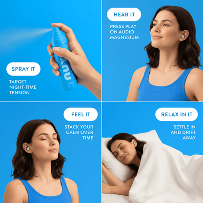 NUYU magnesium sleep spray UK four-step routine: spray, hear, feel, relax in bed